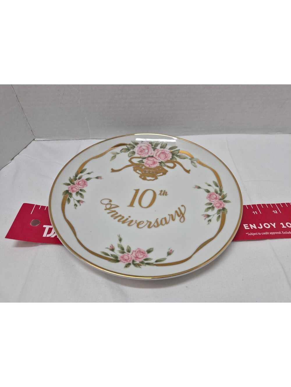 Lefton China 10th Anniversary Decorative Plate with Pink Roses and Gold Trim J83